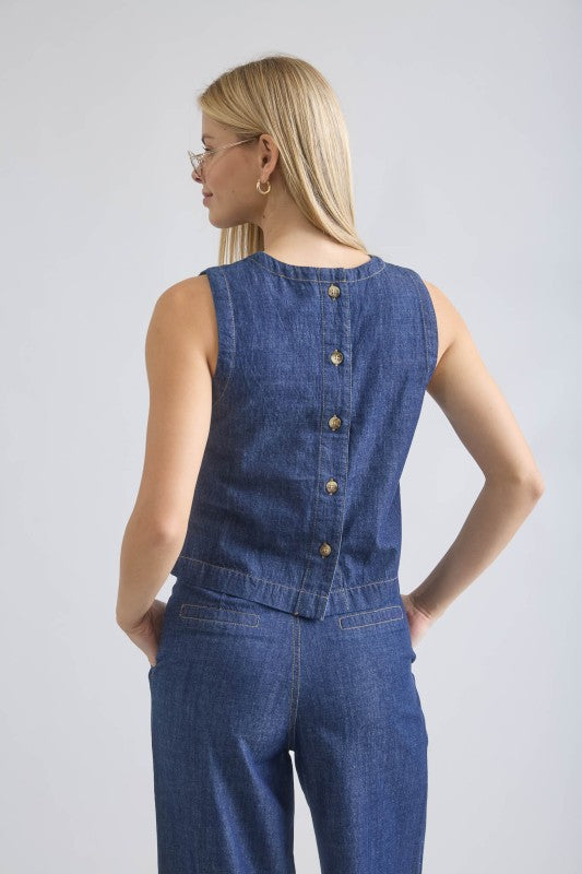 Boat Neck Back Button Sleeveless Denim Top