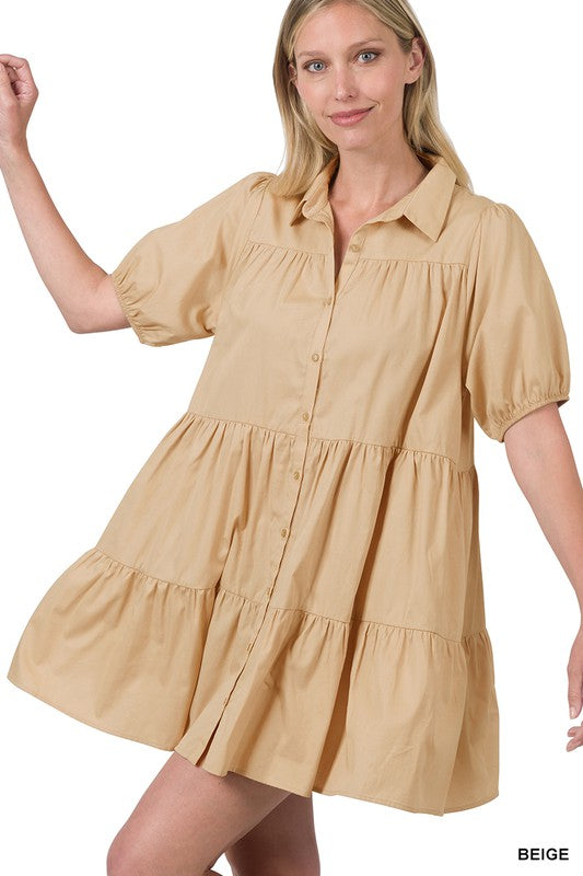 Beige Woven Puff Sleeve Ruffle Hem Shirt