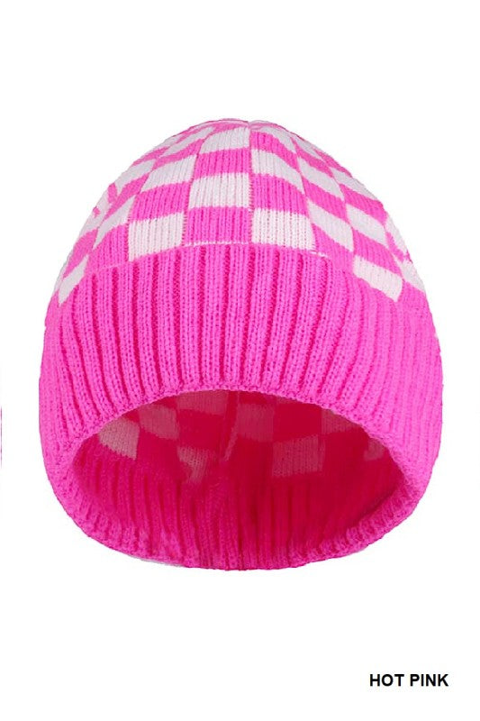 Checkered Pattern Cuff Beanie (Hot pink)