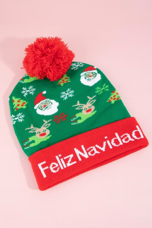Feliz Navidad Christmas Theme Pom Pom Beanie