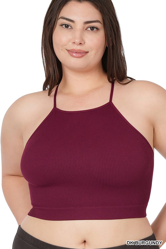Plus Size Ribbed Cropped Racerback Tank Top (Burgundy)