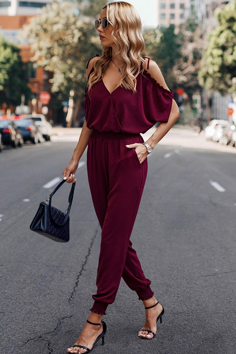 Cold Shoulder Petite Jumpsuit (Wine Coloured) - Main Image