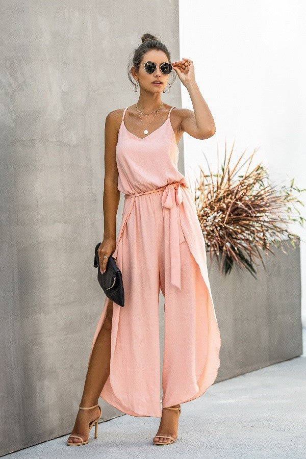 Spaghetti Strap Wide Leg Jumpsuit (Pink)
