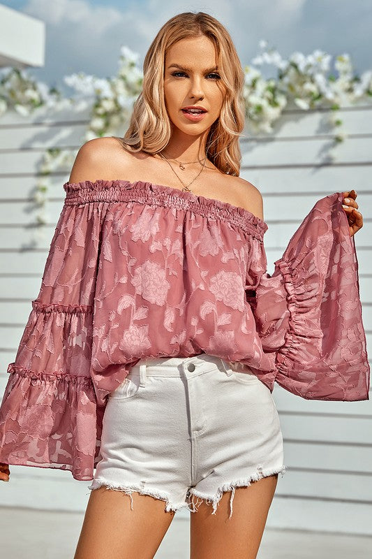 Applique Frill Trim Flare Sleeved Off Shoulder Top (Pink Florals)