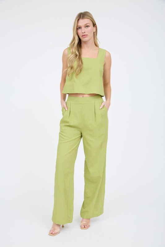 Kiwi Square Neck Sleeveless Cropped Linen Top