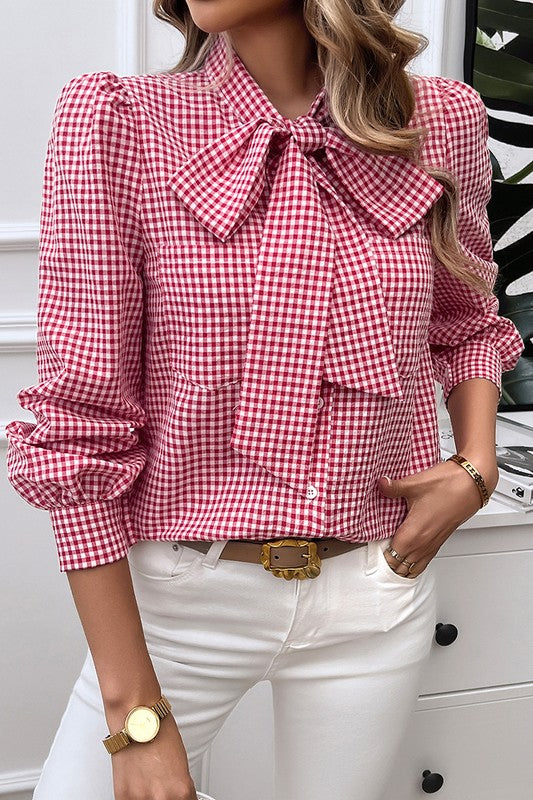 Red Plaid Puff Sleeves Knot Blouse