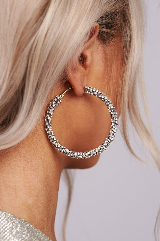 Rhinestone Hoop Earrings (Silver)
