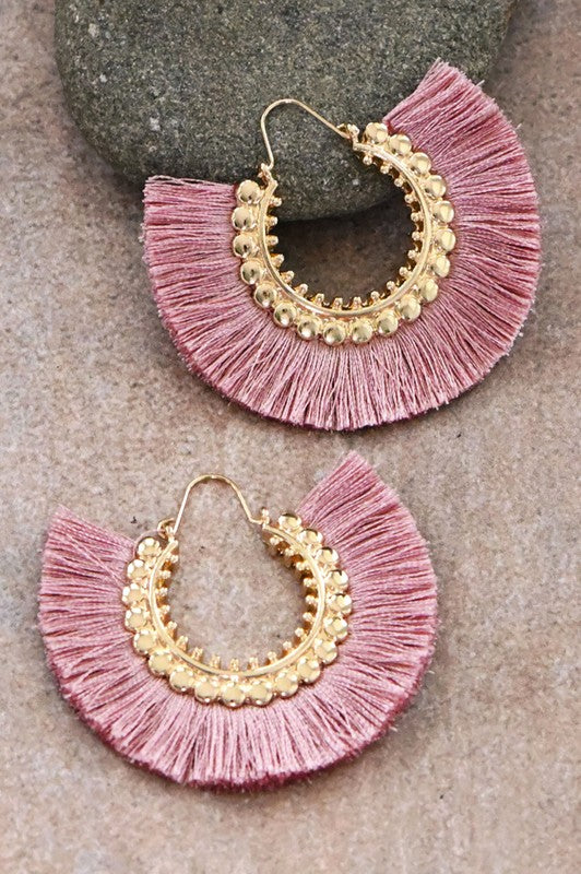 Fanned Tassel Hooped Earrings (Pink)