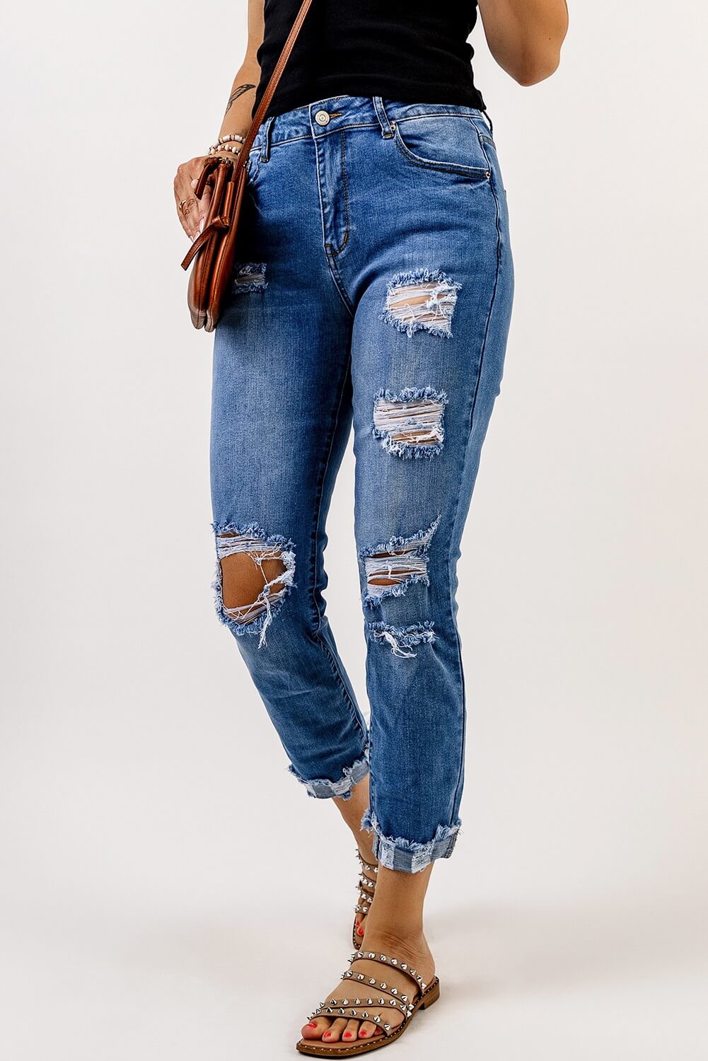 High Rise Distressed Denim Capri Jeans