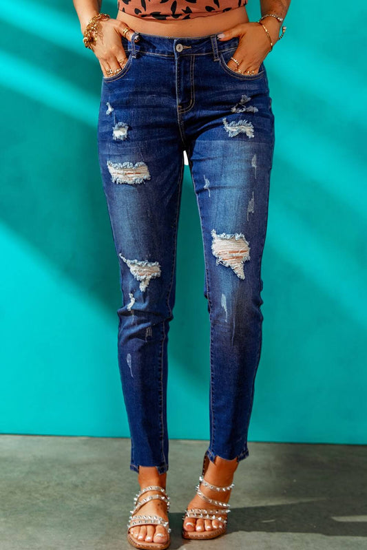 High Rise Stretchy Distressed Denim Jeans