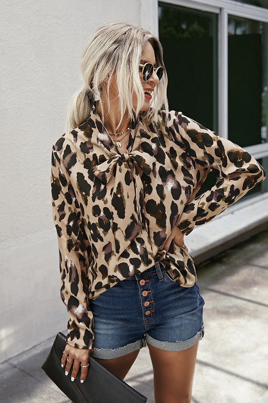 Leopard Print V Neck Top - Khaki