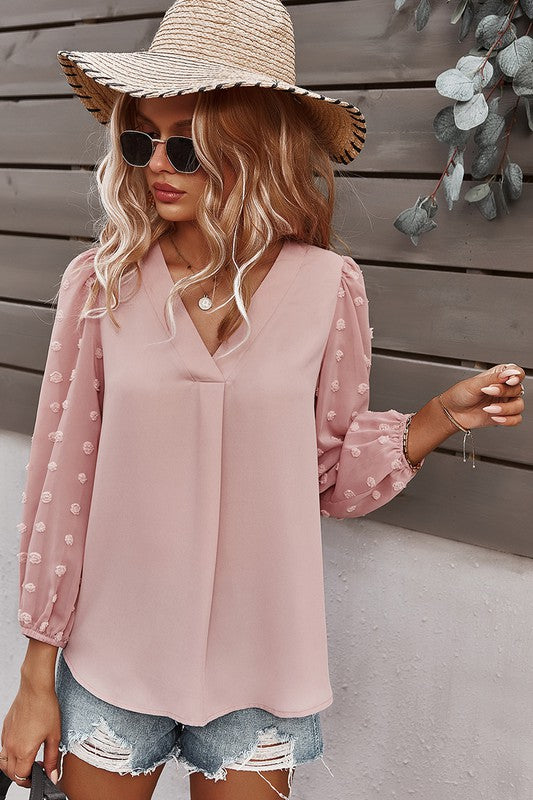 V Neck Solid Long-Sleeved Top (Pink)
