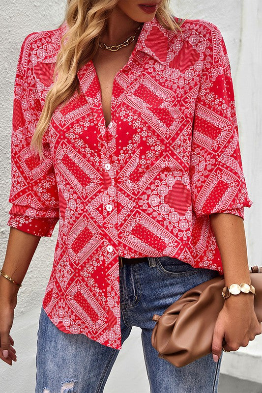 V Neck Buttoned Rollup Shirt (Red)