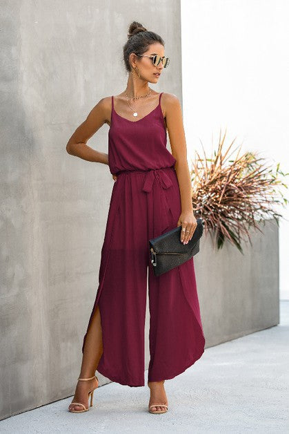 Spaghetti Strap Wide Leg Jumpsuit (Wine Coloured)