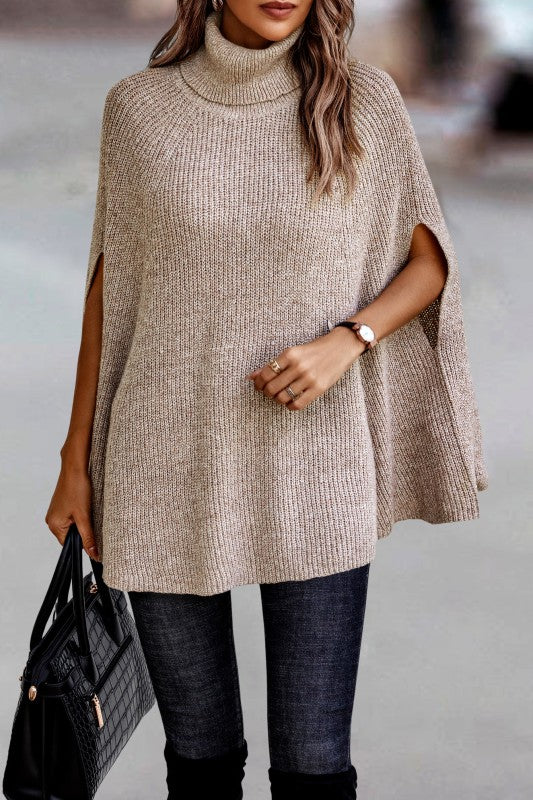 Solid Roll Neck Knit Loose Poncho (Beige)