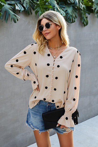 Beige V Neck Polka Dot Long Sleeve Top