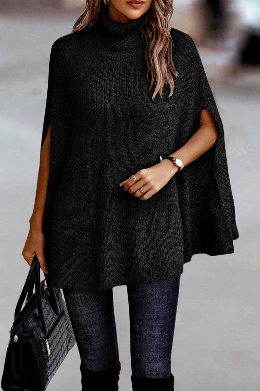 Solid Roll Neck Knit Loose Poncho (Black)