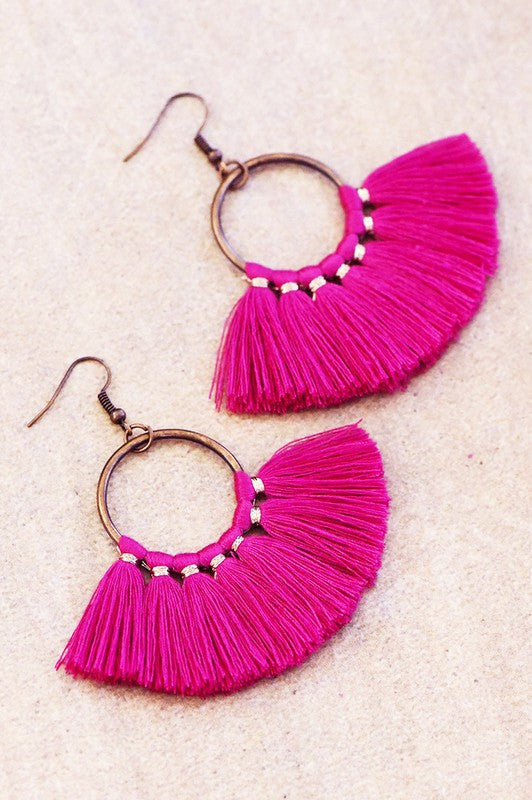 Boho Chic Fan Shaped Tassel Earrings (Pink)