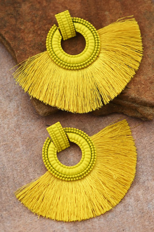Boho Chic Fan Shaped Tassel Earrings (Yellow)