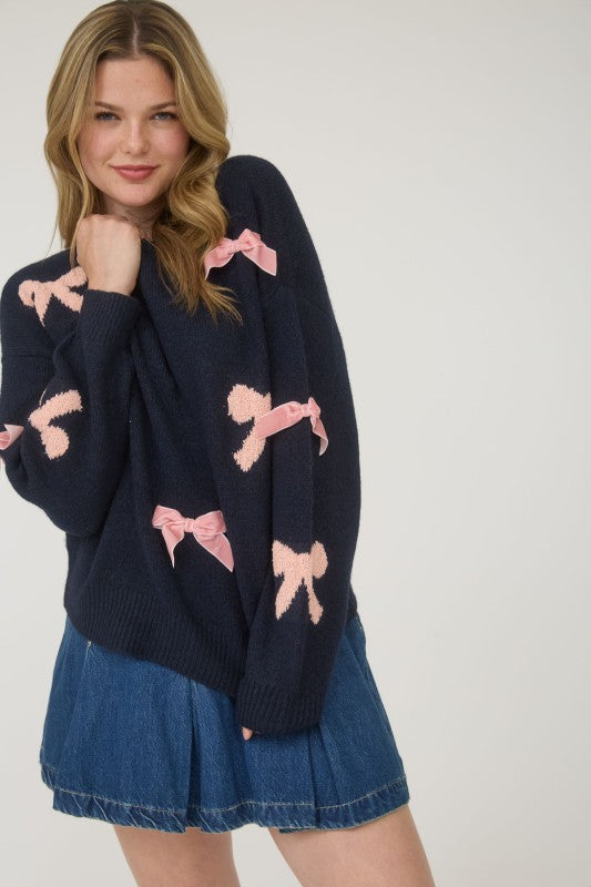 Bow Pattern Long Sleeve Knit Sweater