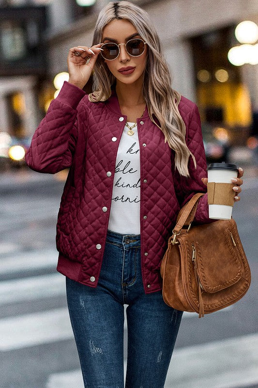 Plaid Front Open Canvas Bomber Jacket (Wine Red)