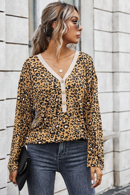 V Neck Button Down Leopard Top (Brown)