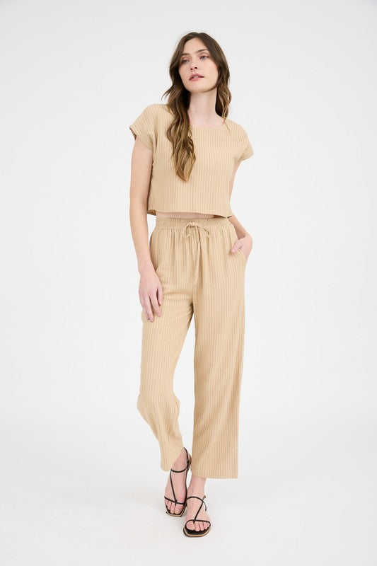 Pinstripe Back Button Short Sleeve Linen Top (Camel)