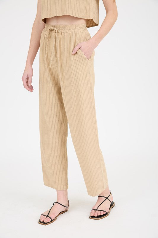 Pinstripe Drawstring Straight Leg Linen Pants (Camel)