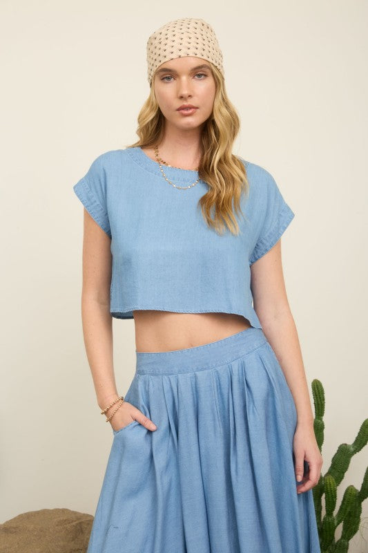 Chambray Boat Neck Boxy Crop Top
