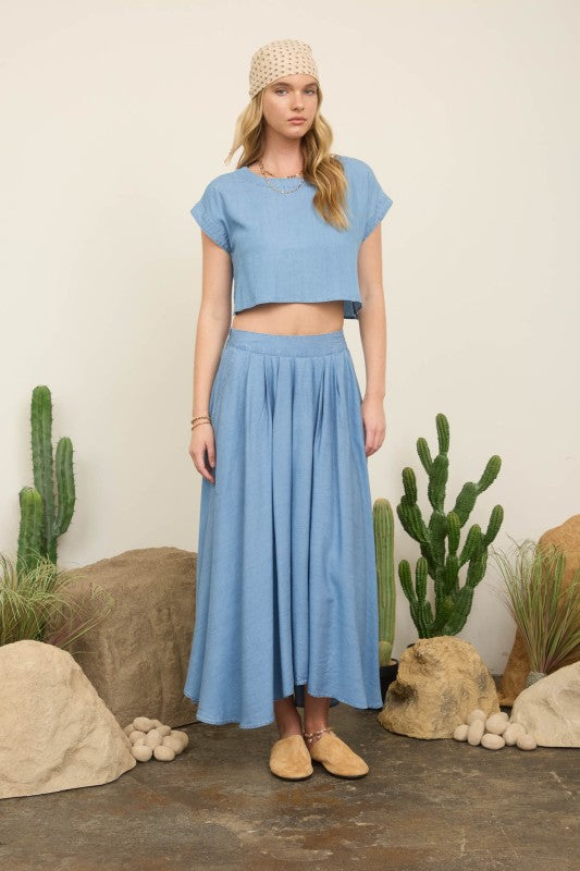 Chambray Pleated Midi Skirt