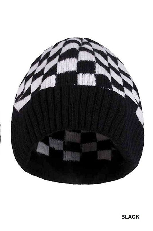 Checkered Pattern Cuff Beanie (Black)