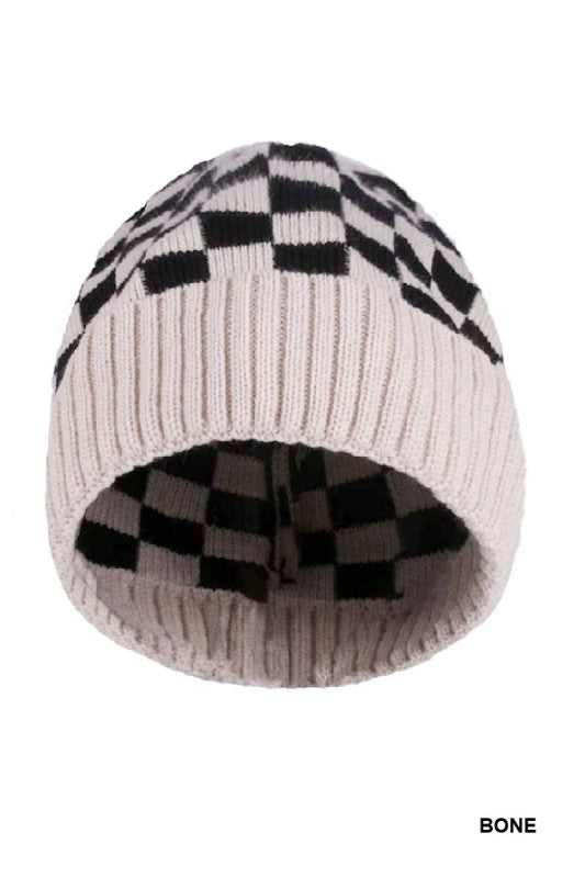 Checkered Pattern Cuff Beanie (Bone)