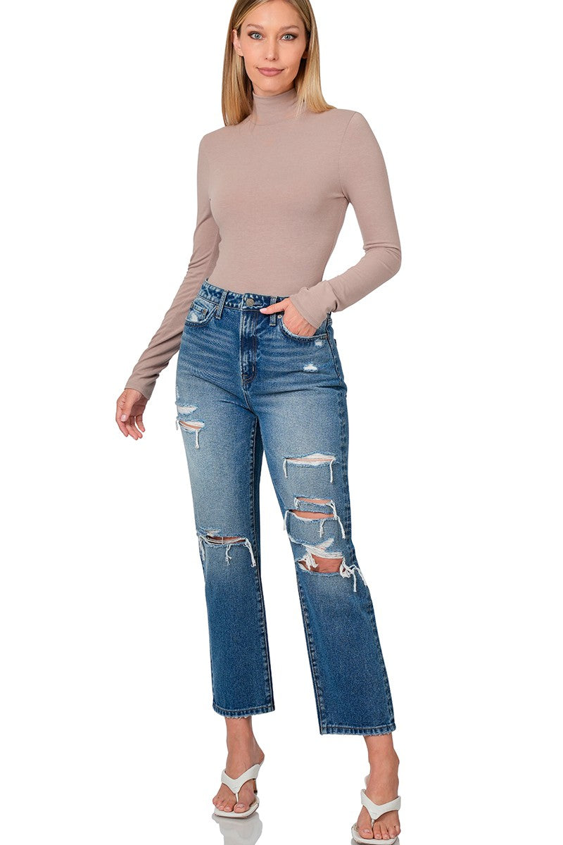 Super High Rise Distressed Straight Crop Denim