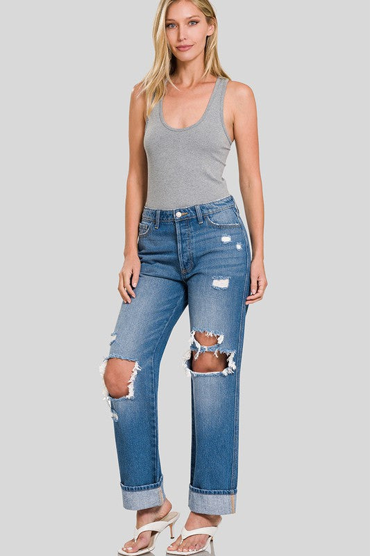 Rigid Distressed Cuffed Hem Boyfriend Denim Pants