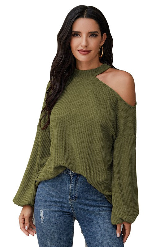 Solid Crew Neck Open Shoulder Top (Olive)