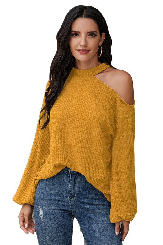 Solid Crew Neck Open Shoulder Top (Yellow)