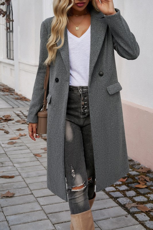 Double Breasted Pocket Lapel Neck Long Jacket Coat (Grey)