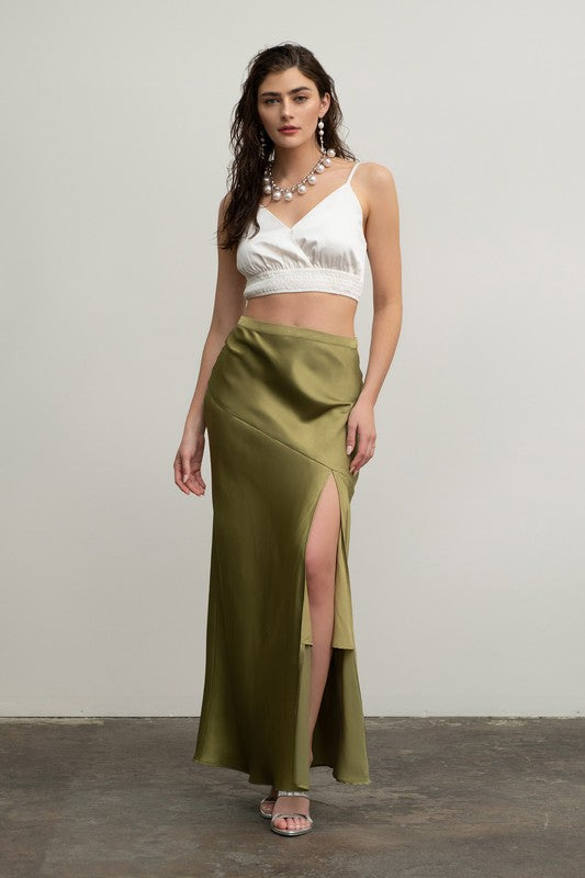 Satin Asymmetrical Side Slit Midi Skirt (Kiwi)