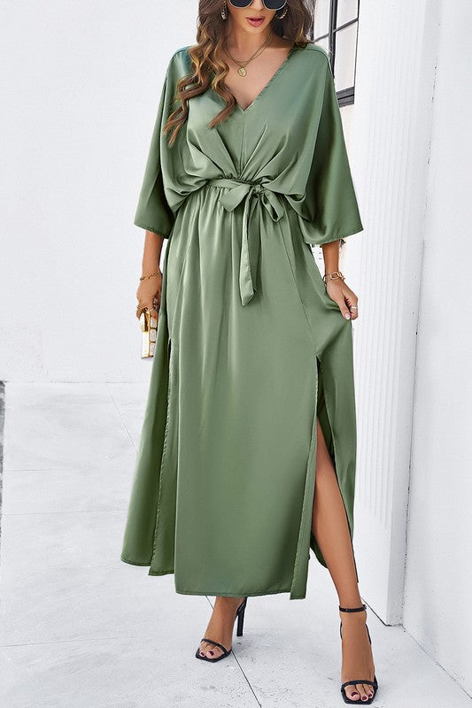 Solid Knot Belt Side Open Fit Dress (Green)