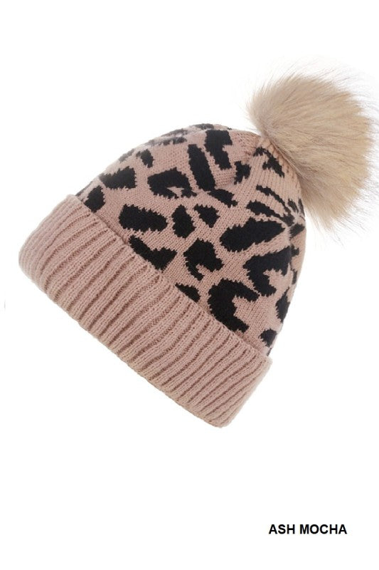 Leopard Pattern Knit Pom Pom Beanie (Ash Mocha)