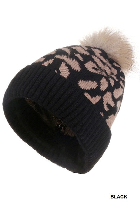 Leopard Pattern Knit Pom Pom Beanie (Black)