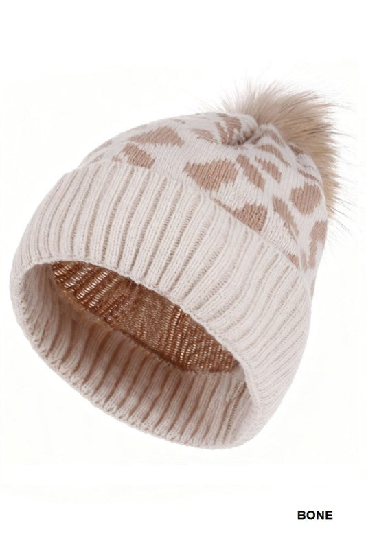 Leopard Pattern Knit Pom Pom Beanie (Bone)