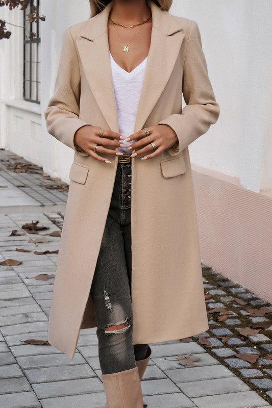 Double Breasted Pocket Lapel Neck Long Jacket Coat (Beige)
