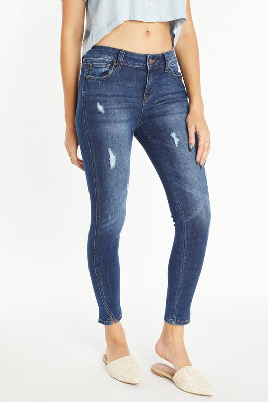 Mid Rise Destructed Ankle Skinny Jeans (Dark)