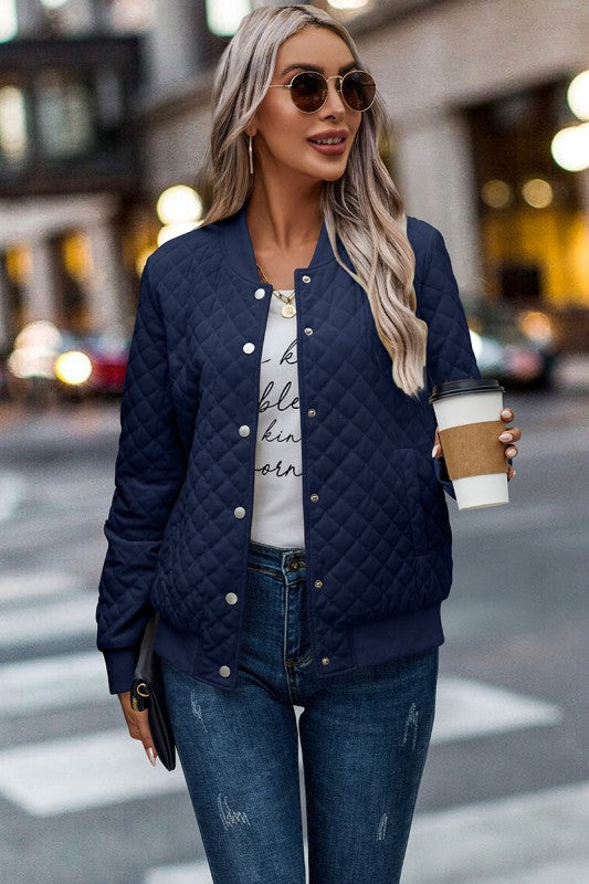 Solid Plaid Stitch Pockets Bomber Jacket (Navy Blue)