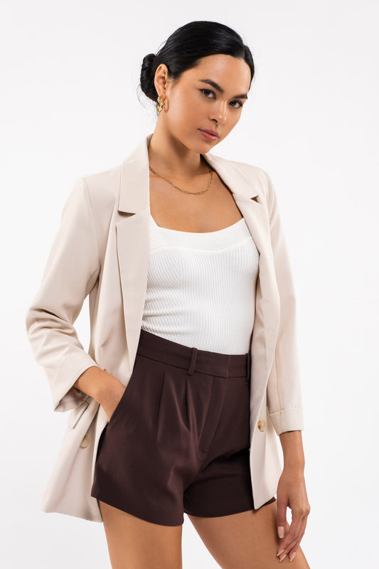 Oatmeal Solid Folded Sleeve Blazer