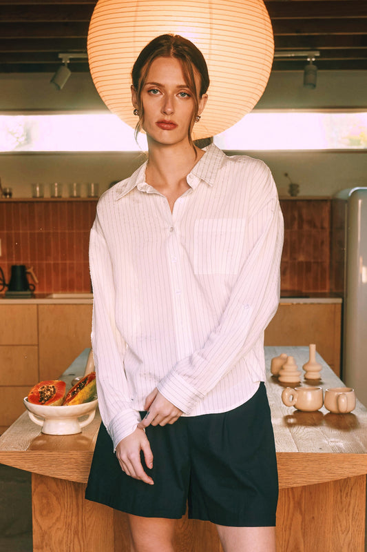 Pinstripe Collared Long Sleeve Button Down Shirt