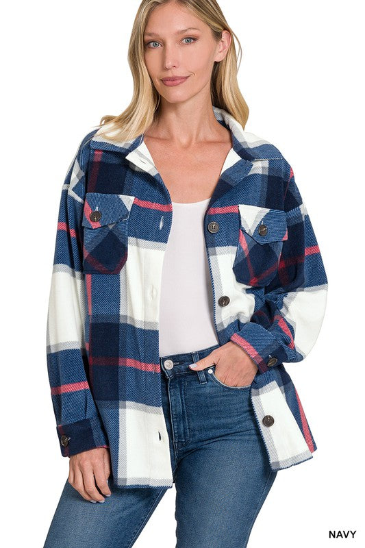 Oversized Plaid Fleece Shacket (NAVY)