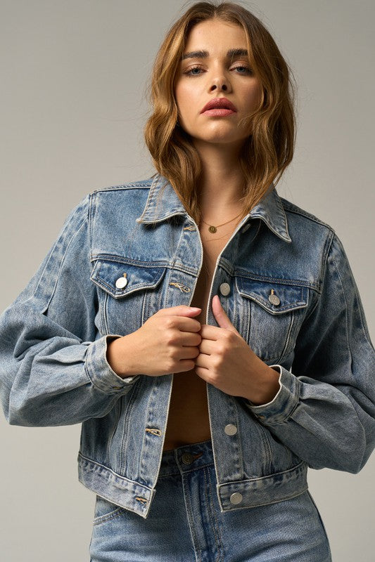 Puff Sleeve Flap Pocket Denim Jacket