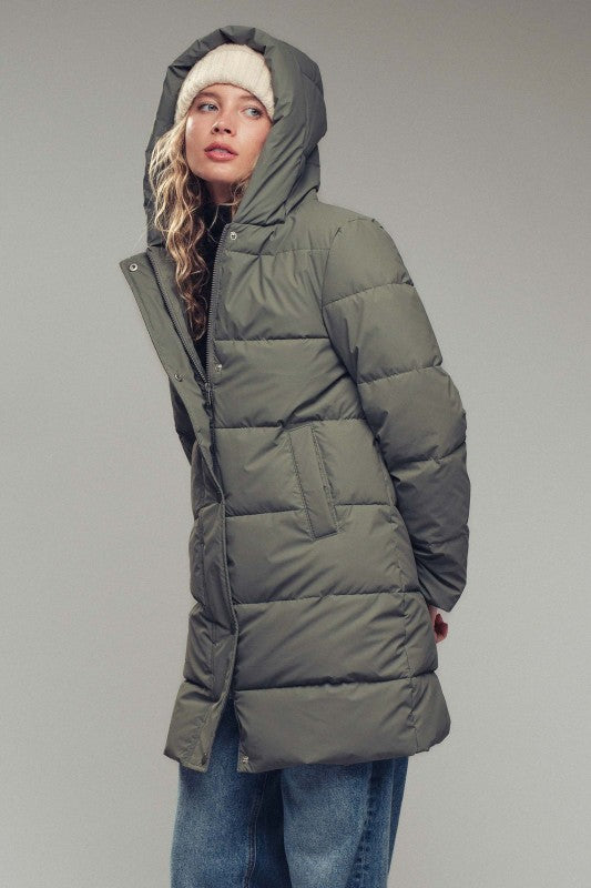 Quilted Hooded Puffer Coat (Olive)